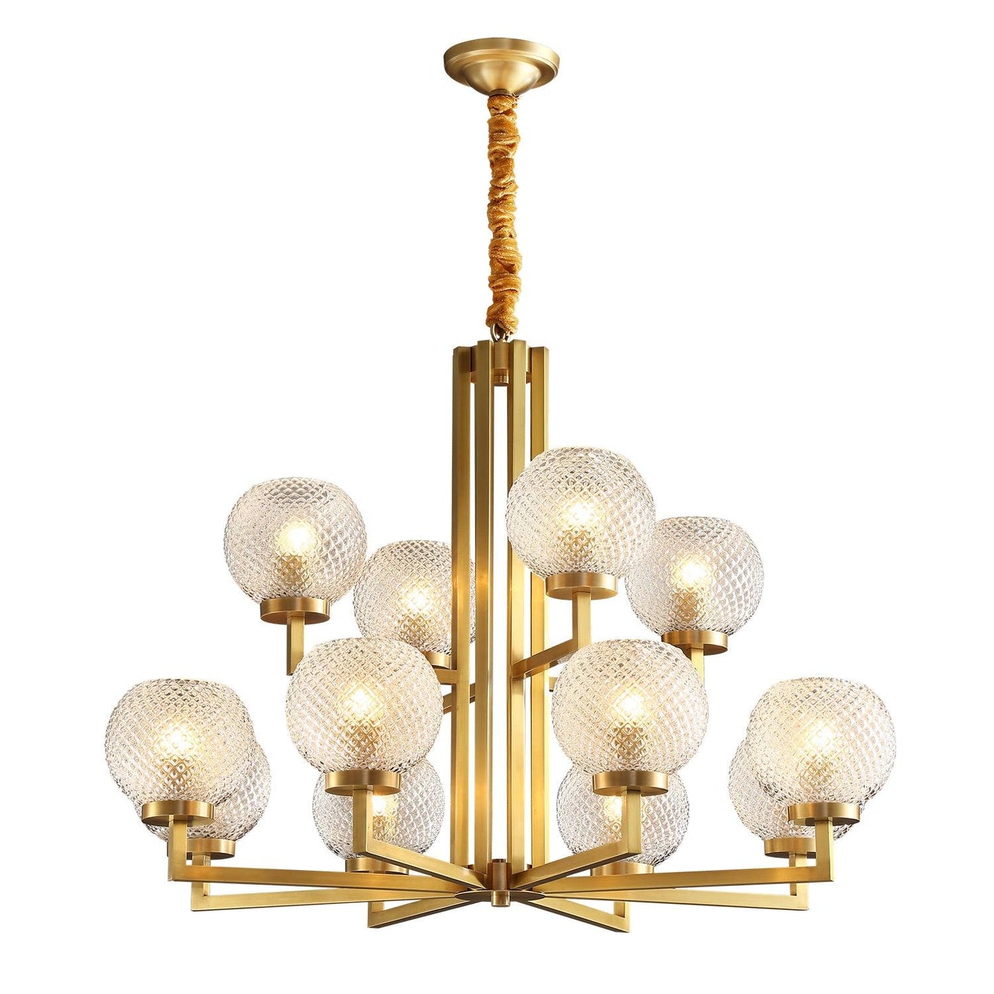 Ribbed Glass Brass Chandelier with Adjustable Height and LED Compatibl