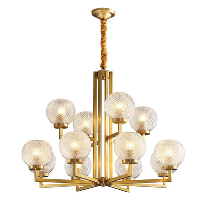 Ribbed Glass Brass Chandelier with Adjustable Height and LED Compatibl