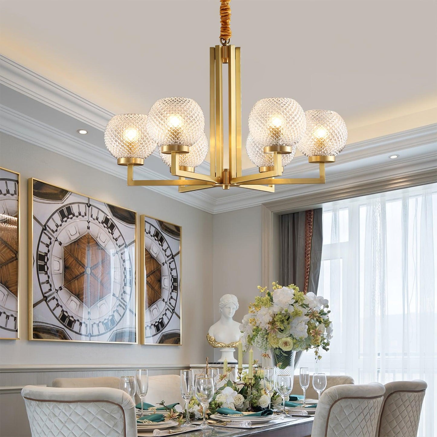 Ribbed Glass Brass Chandelier with Adjustable Height and LED Compatibl