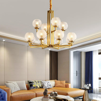 Ribbed Glass Brass Chandelier with Adjustable Height and LED Compatibl