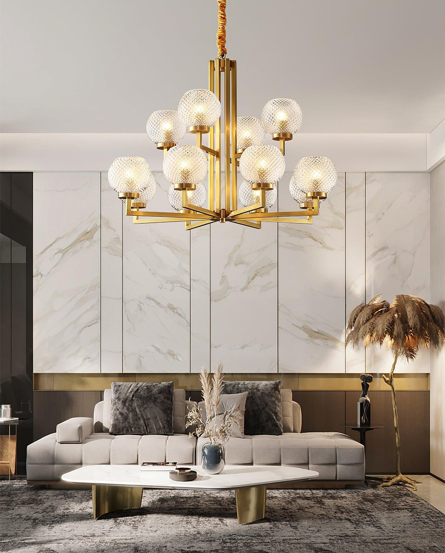 Ribbed Glass Brass Chandelier with Adjustable Height and LED Compatibl