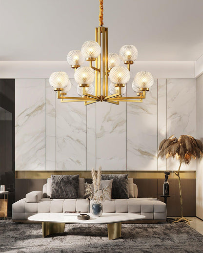 Ribbed Glass Brass Chandelier with Adjustable Height and LED Compatibl