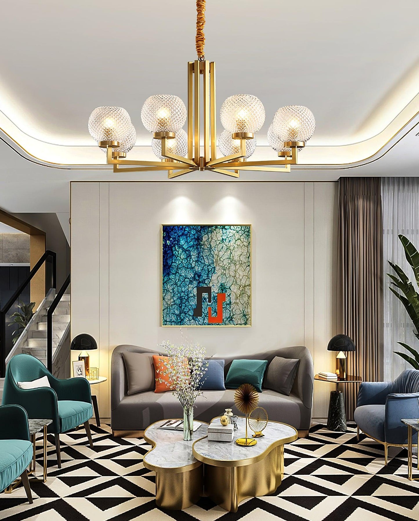 Ribbed Glass Brass Chandelier with Adjustable Height and LED Compatibl
