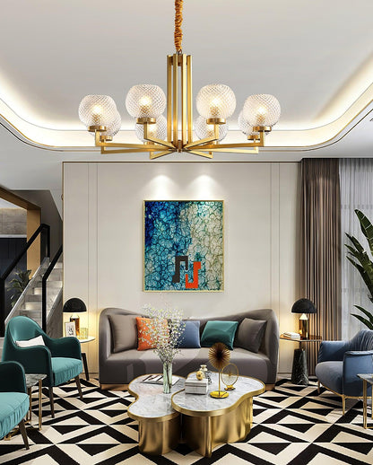 Ribbed Glass Brass Chandelier with Adjustable Height and LED Compatibl
