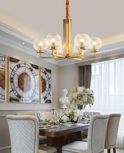 Ribbed Glass Brass Chandelier with Adjustable Height and LED Compatibl