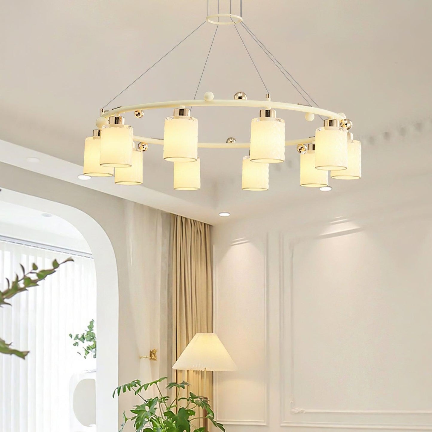 Elegant Ring Glass Cup Chandelier with Adjustable Height and Soft Ligh
