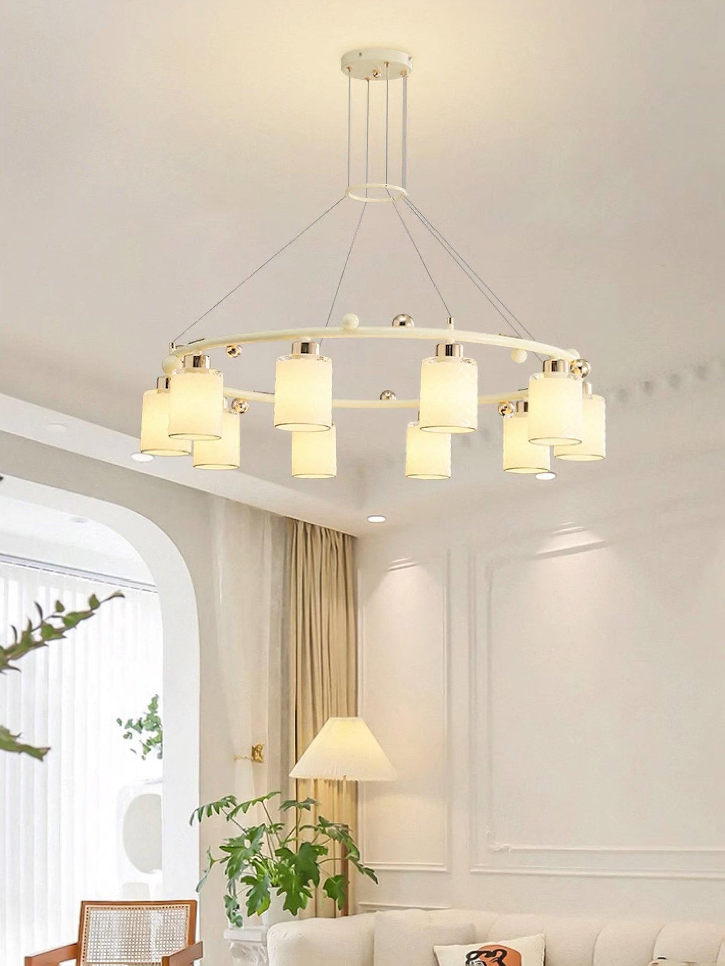 Elegant Ring Glass Cup Chandelier with Adjustable Height and Soft Ligh