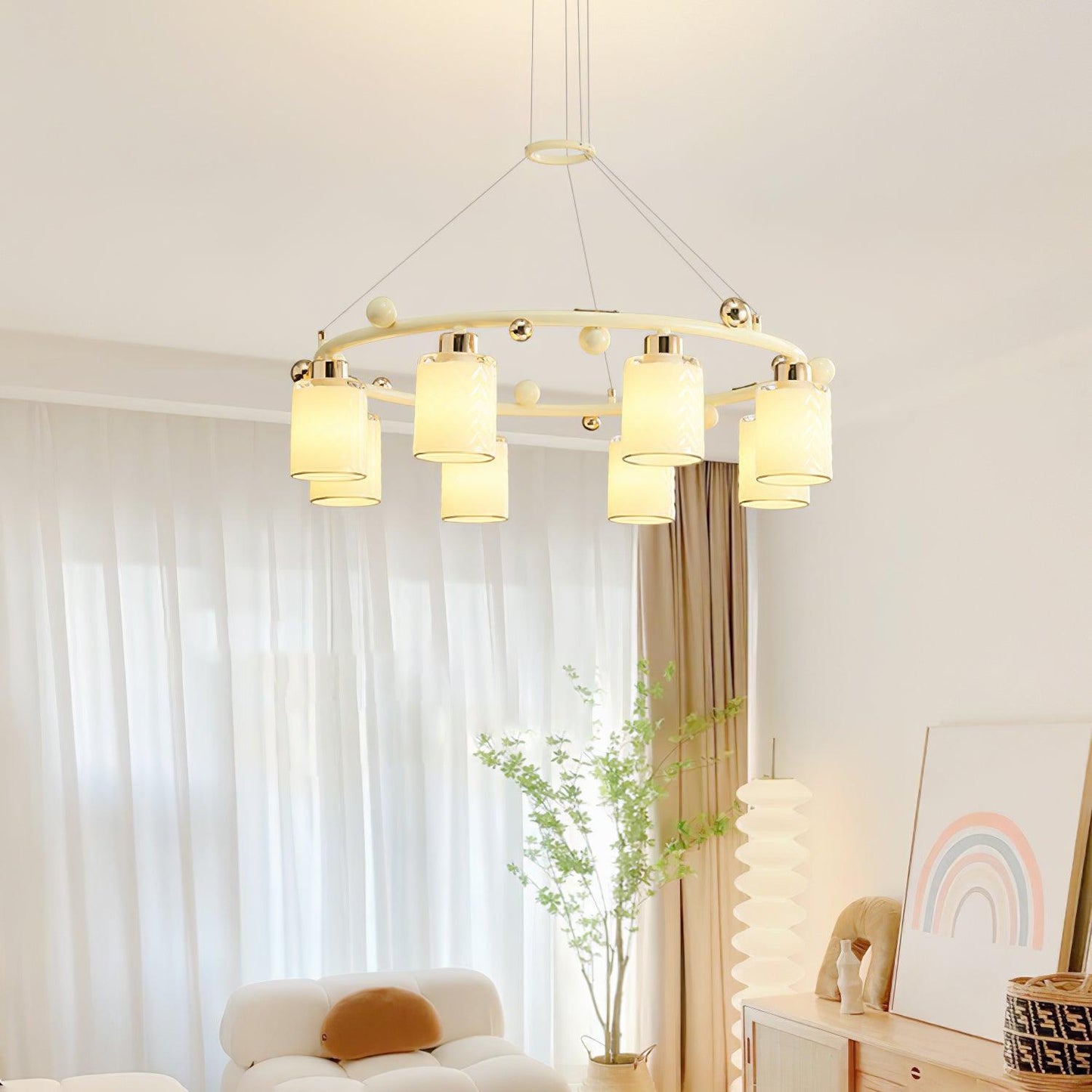 Elegant Ring Glass Cup Chandelier with Adjustable Height and Soft Ligh