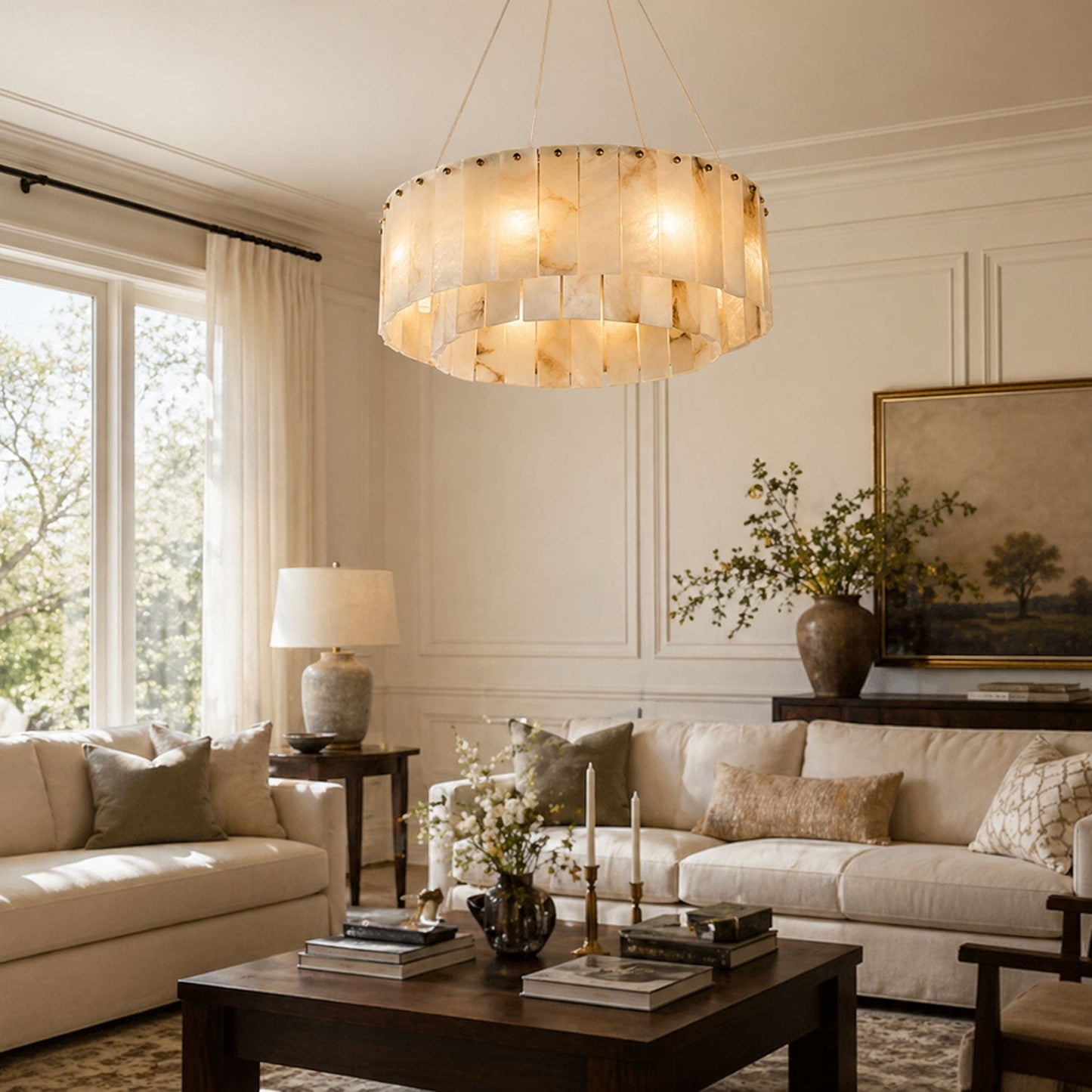 Elegant Rock Alabaster Chandelier with Adjustable Height & Soft Lighti