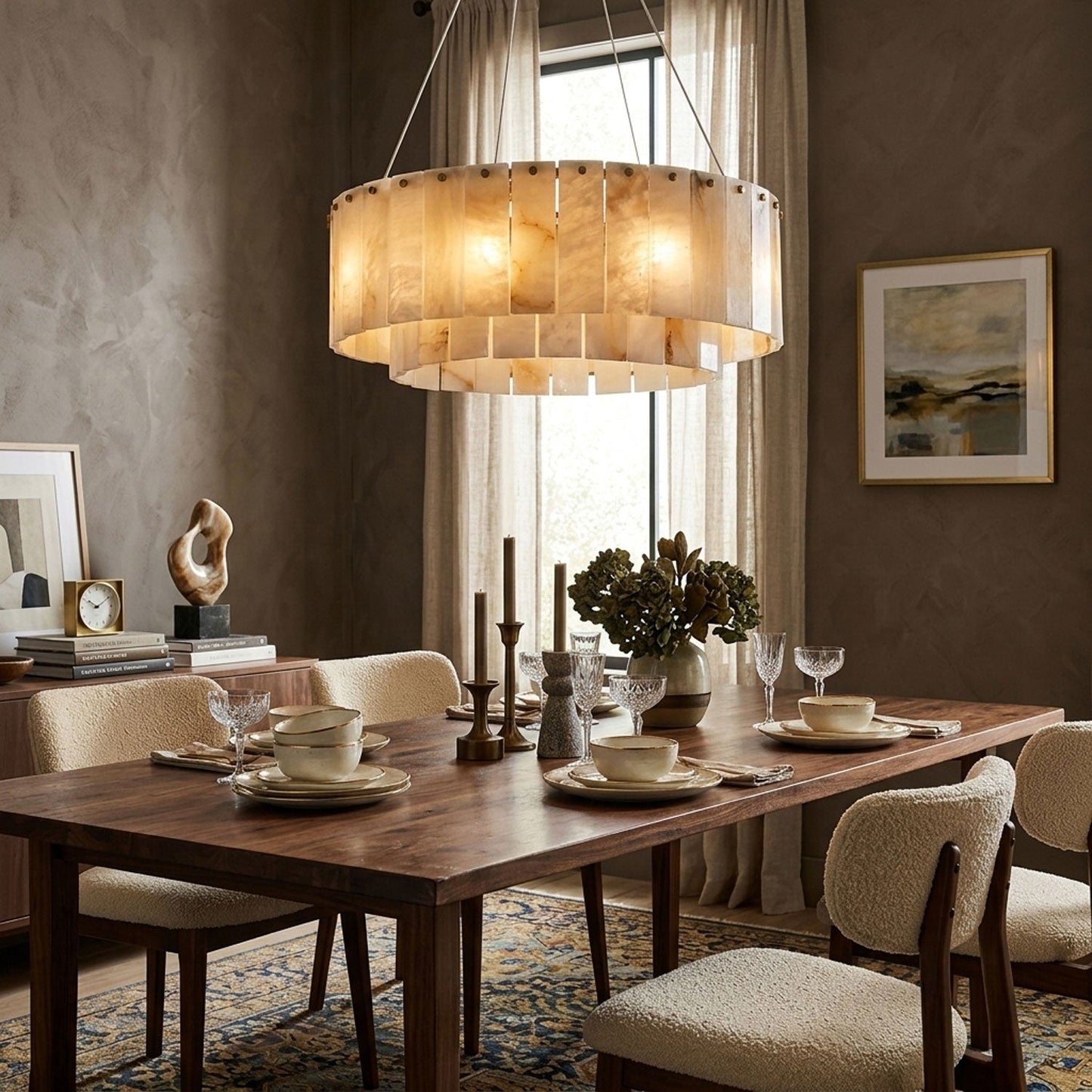 Elegant Rock Alabaster Chandelier with Adjustable Height & Soft Lighti