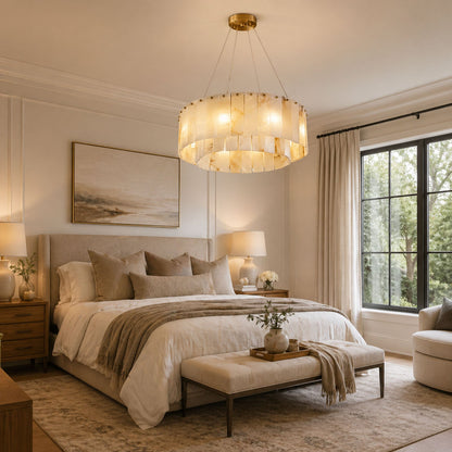 Elegant Rock Alabaster Chandelier with Adjustable Height & Soft Lighti