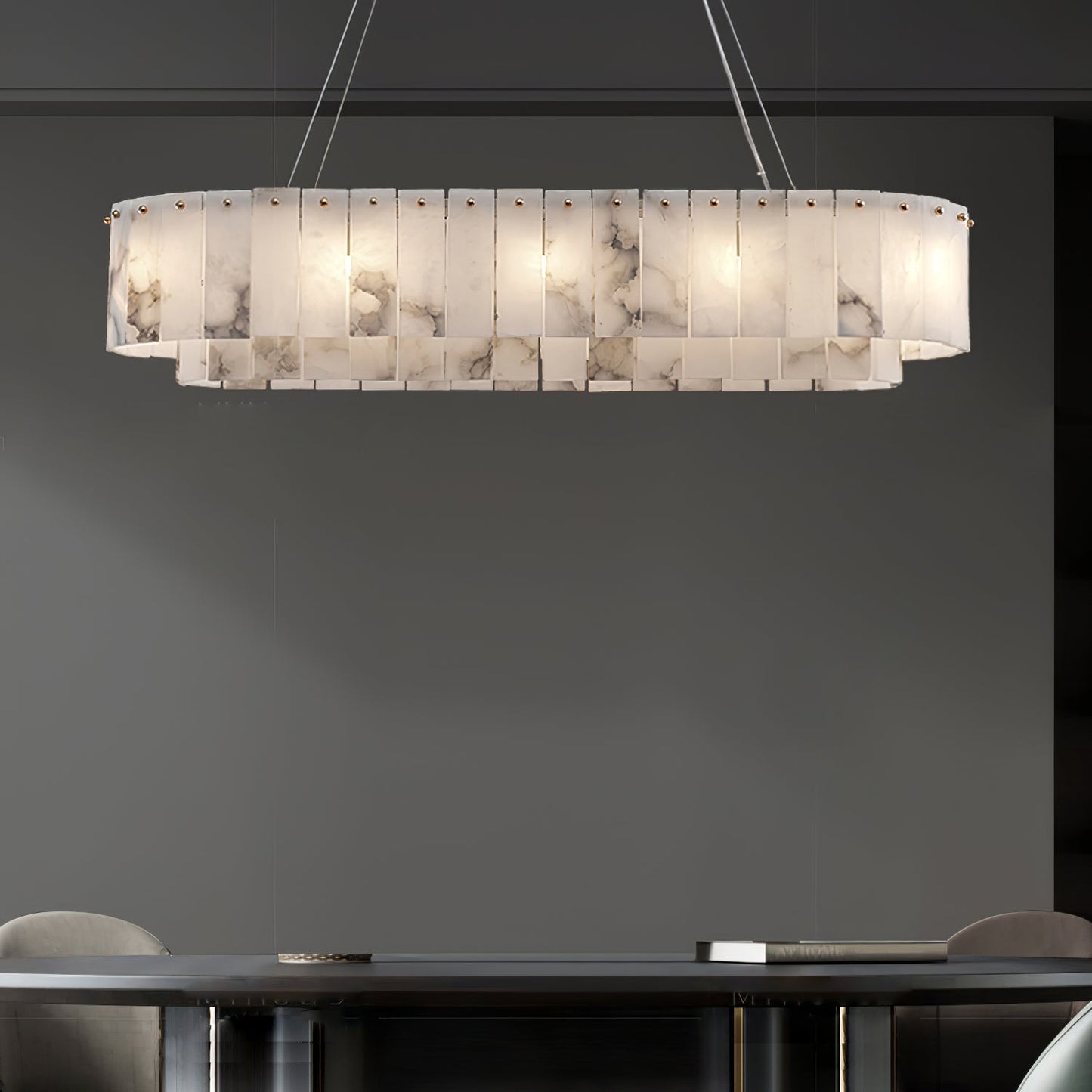 Elegant Rock Alabaster Chandelier with Adjustable Height & Soft Lighti