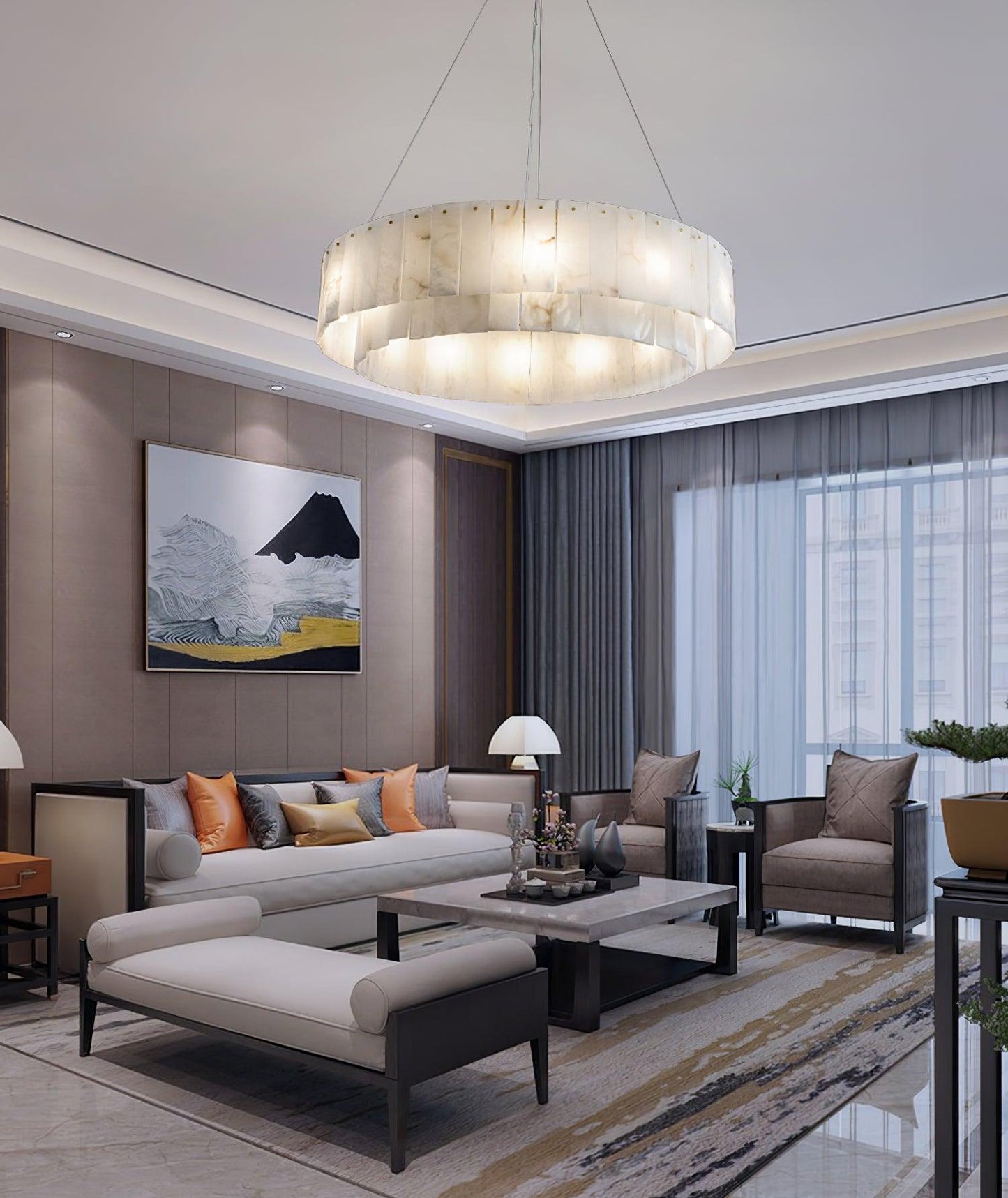 Elegant Rock Alabaster Chandelier with Adjustable Height & Soft Lighti