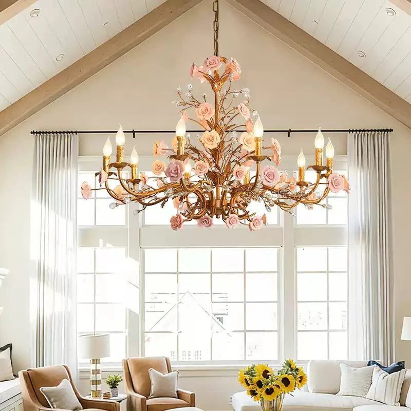 Elegant Rose Chandelier with Adjustable Lighting and Crystal Accents