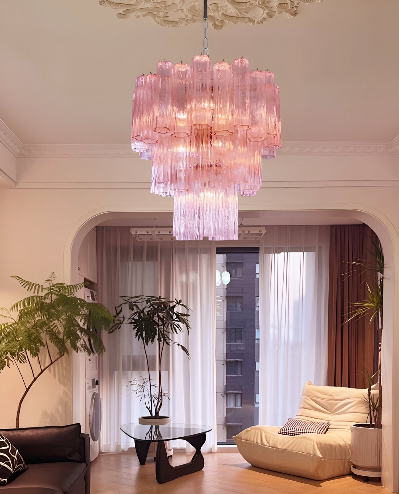 Elegant Rose Tubes Glass Chandelier with Adjustable Height & LED Compa