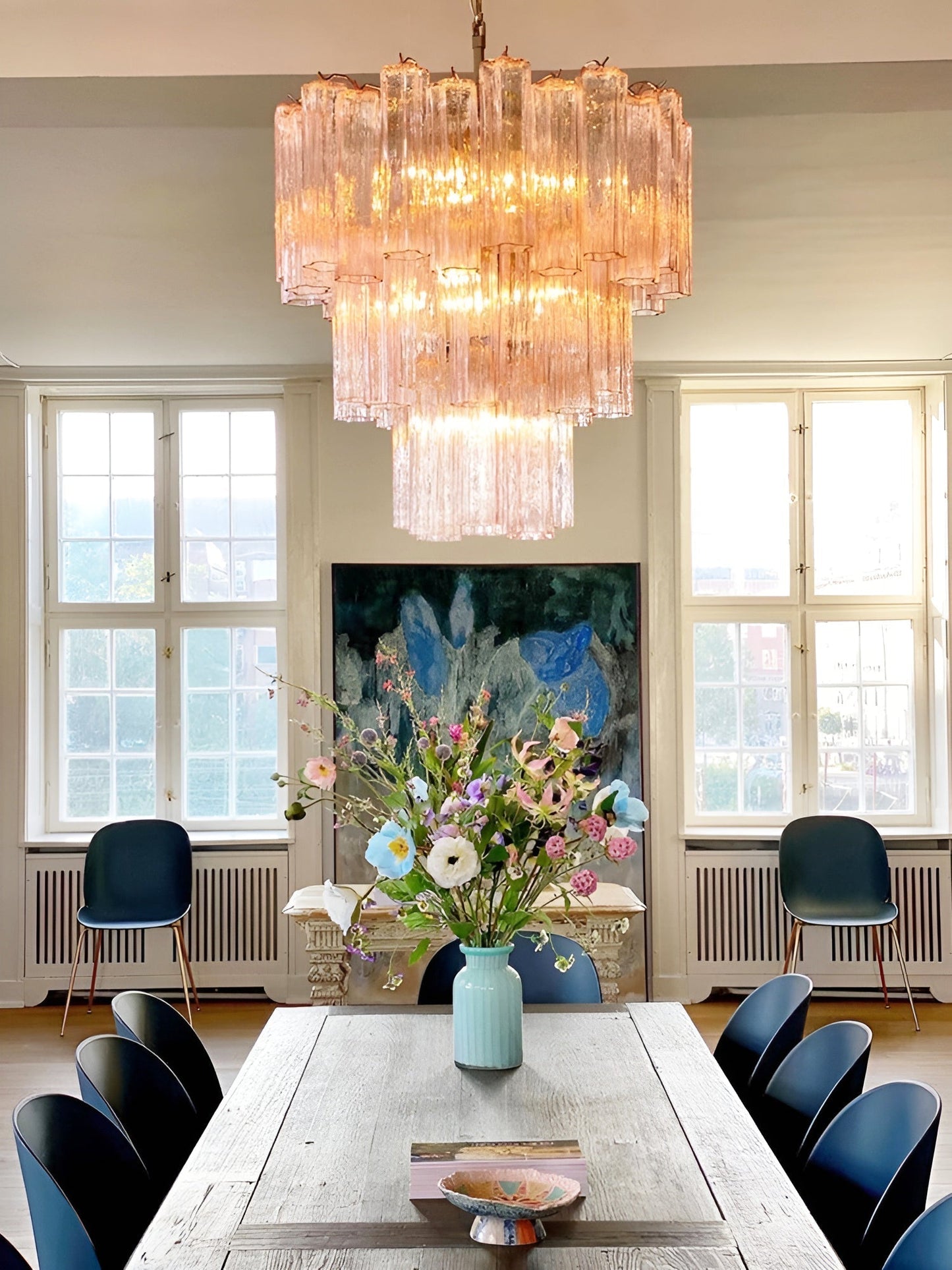 Elegant Rose Tubes Glass Chandelier with Adjustable Height & LED Compa