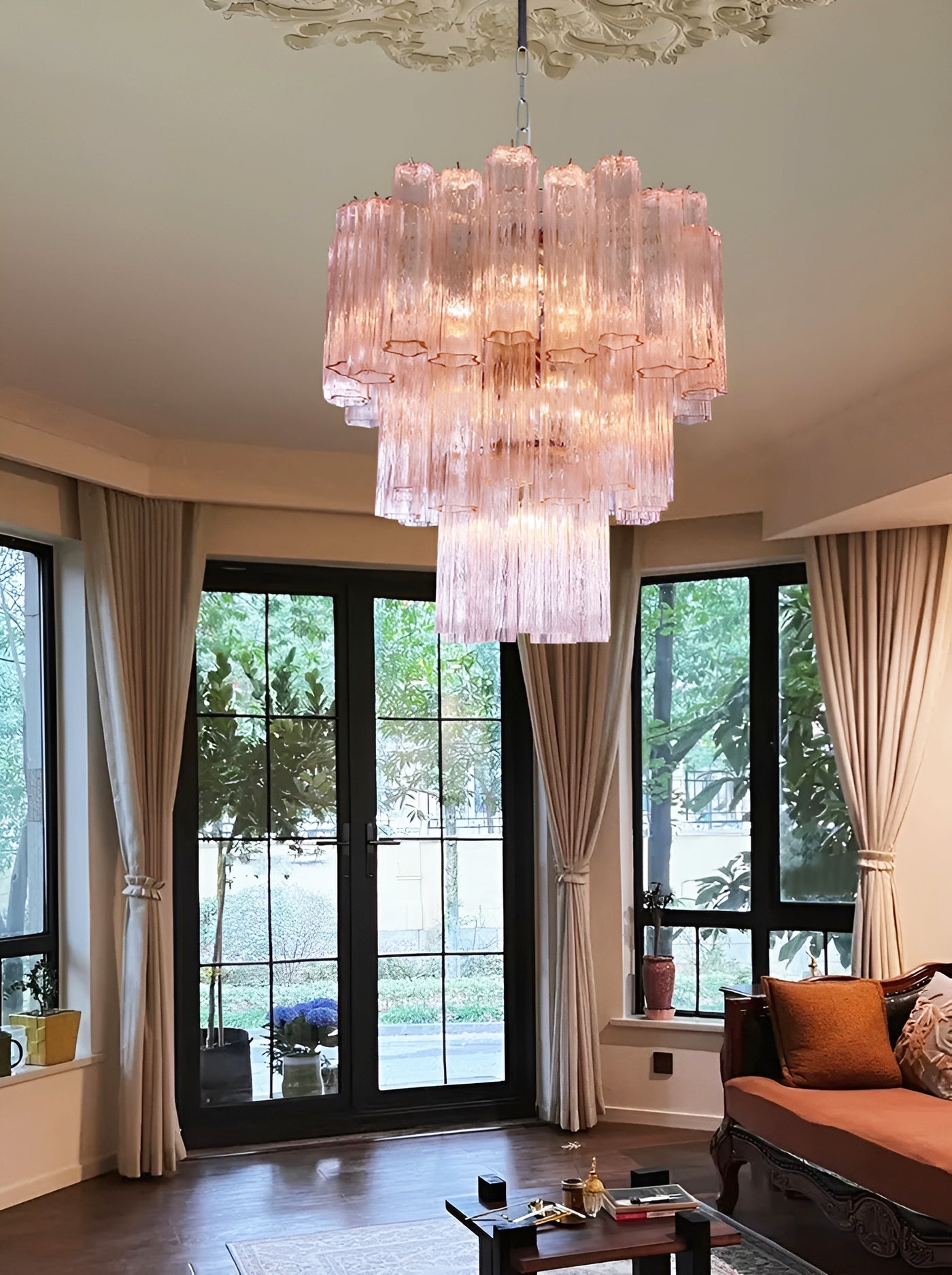 Elegant Rose Tubes Glass Chandelier with Adjustable Height & LED Compa