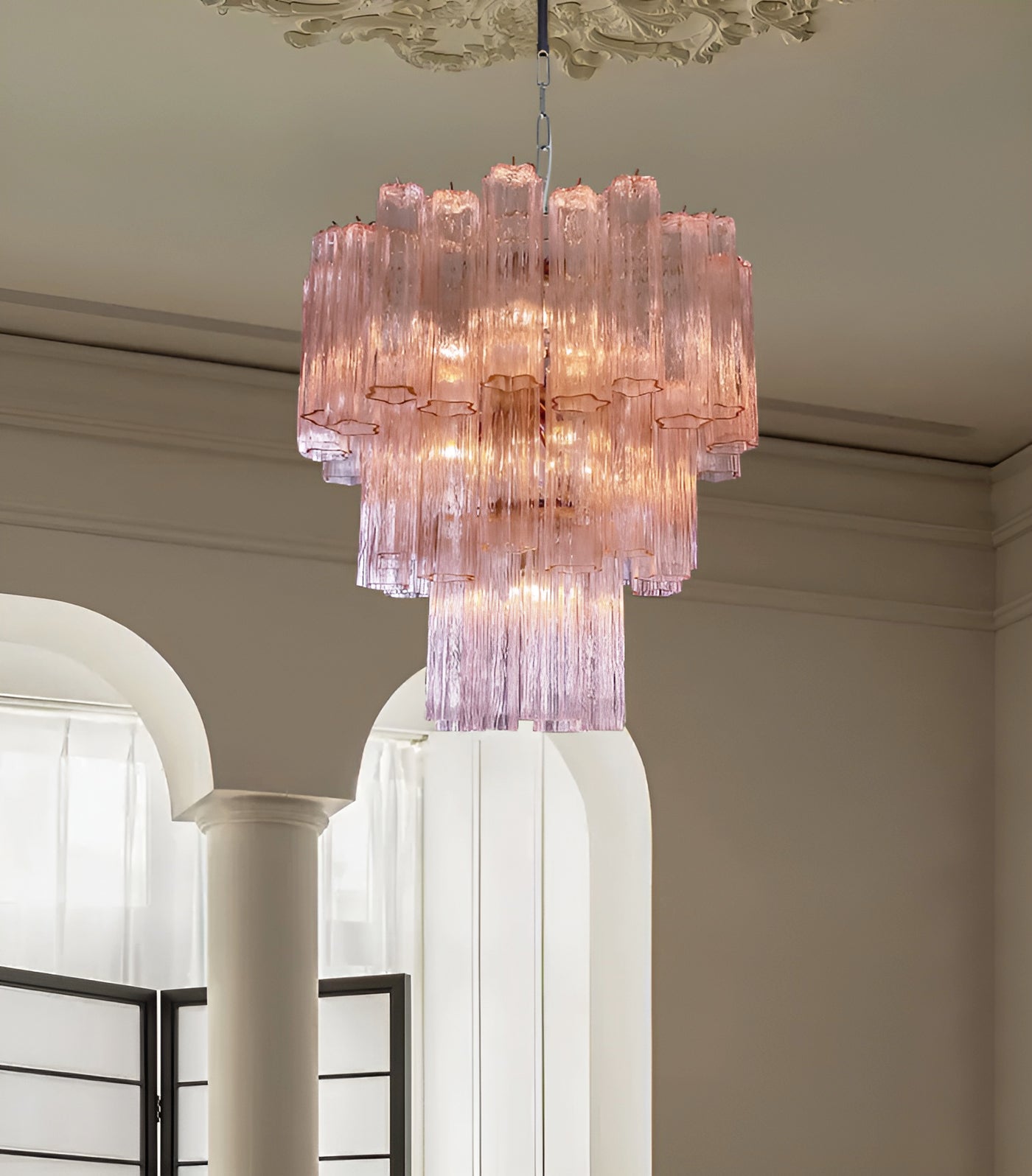 Elegant Rose Tubes Glass Chandelier with Adjustable Height & LED Compa