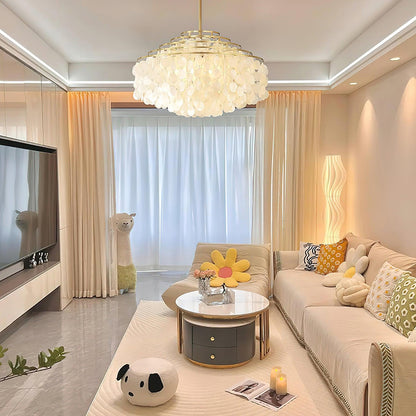 Elegant Round Shell Chandelier with Adjustable Height and Soft Illumin