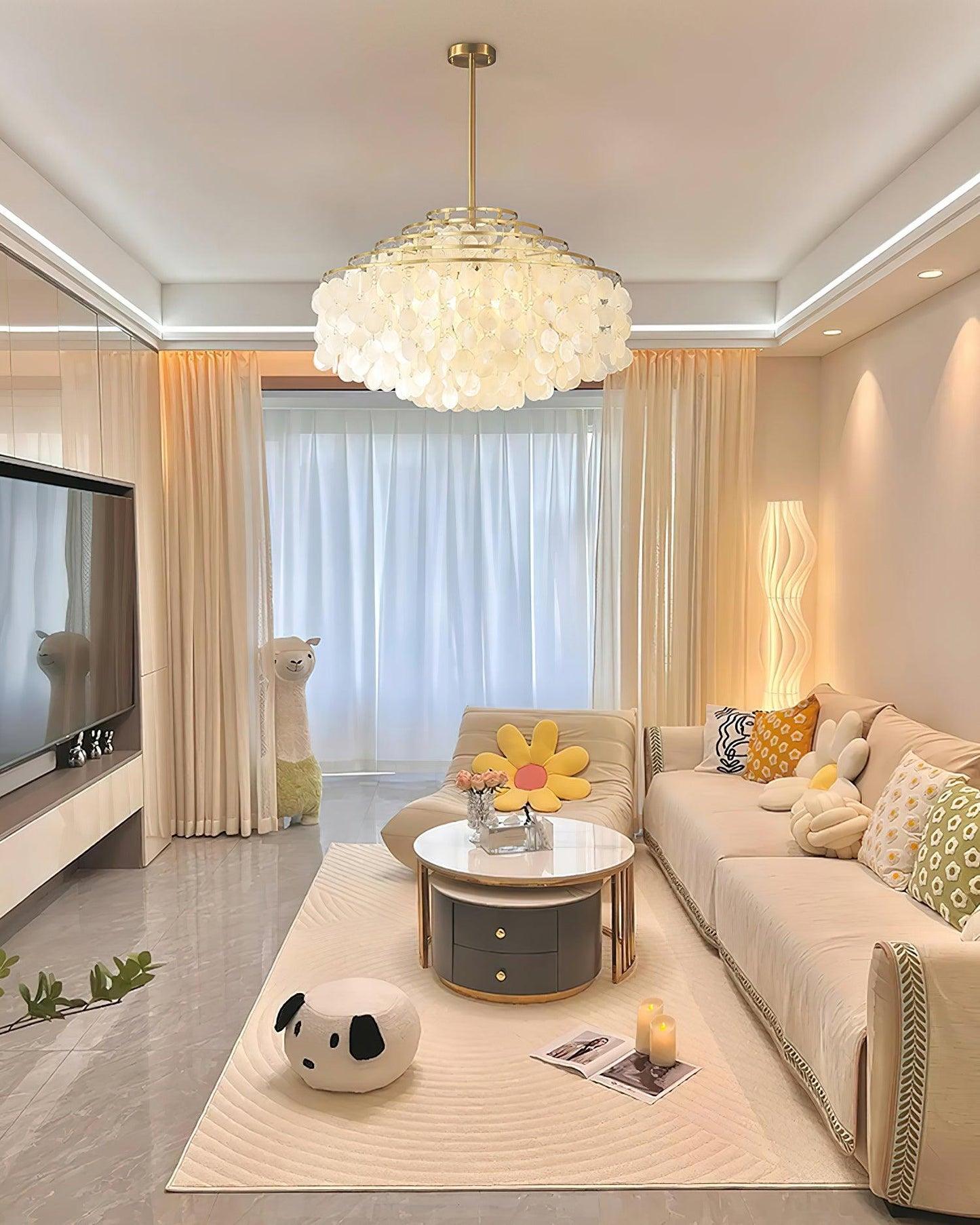 Elegant Round Shell Chandelier with Adjustable Height and Soft Illumin