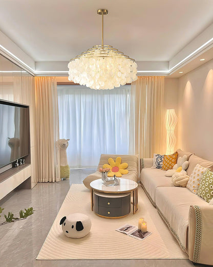 Elegant Round Shell Chandelier with Adjustable Height and Soft Illumin