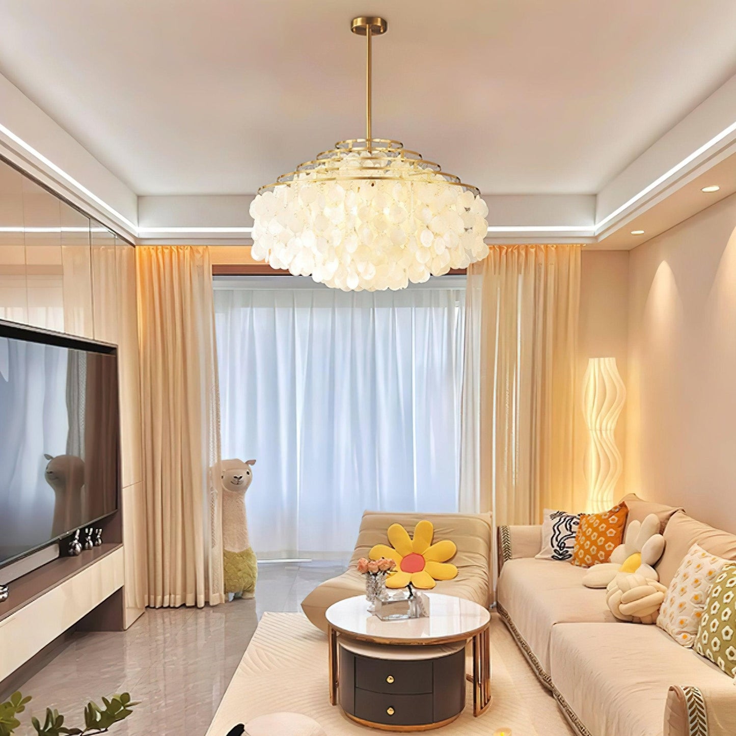 Elegant Round Shell Chandelier with Adjustable Height and Soft Illumin