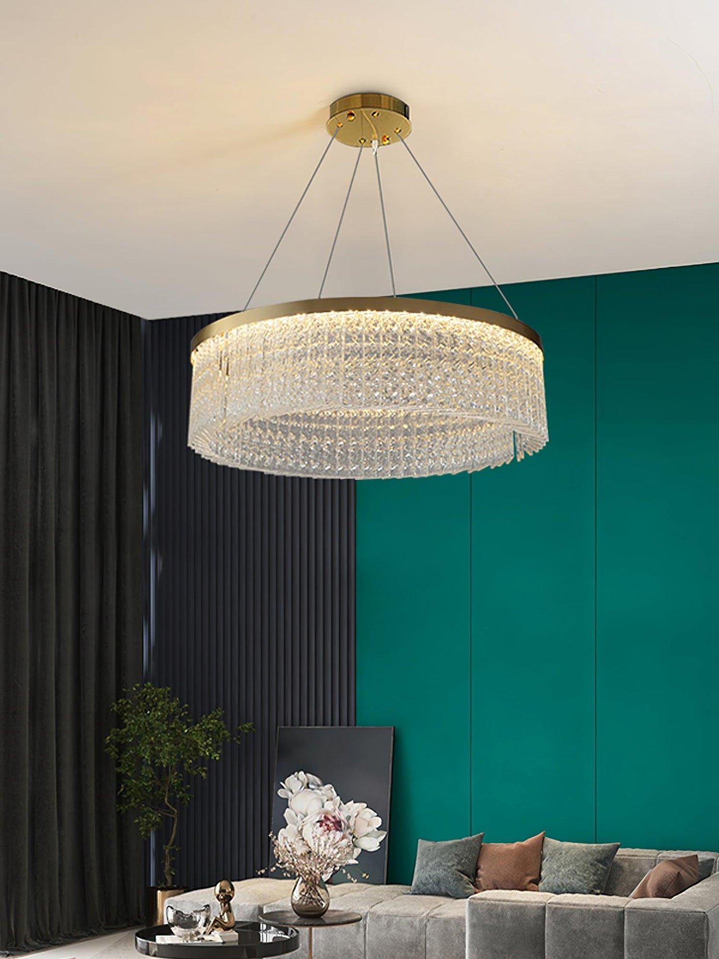 Elegant Round Halo Crystal Chandelier with Dimmable LED Lights