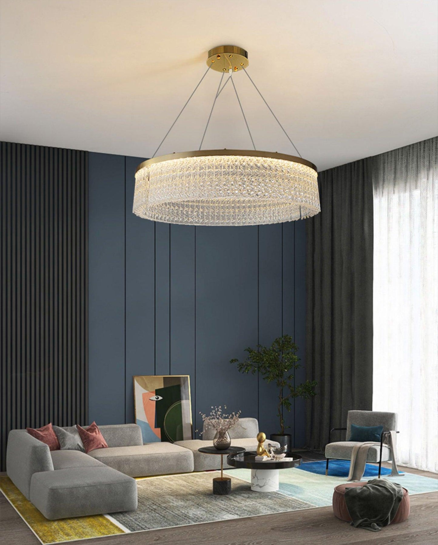 Elegant Round Halo Crystal Chandelier with Dimmable LED Lights