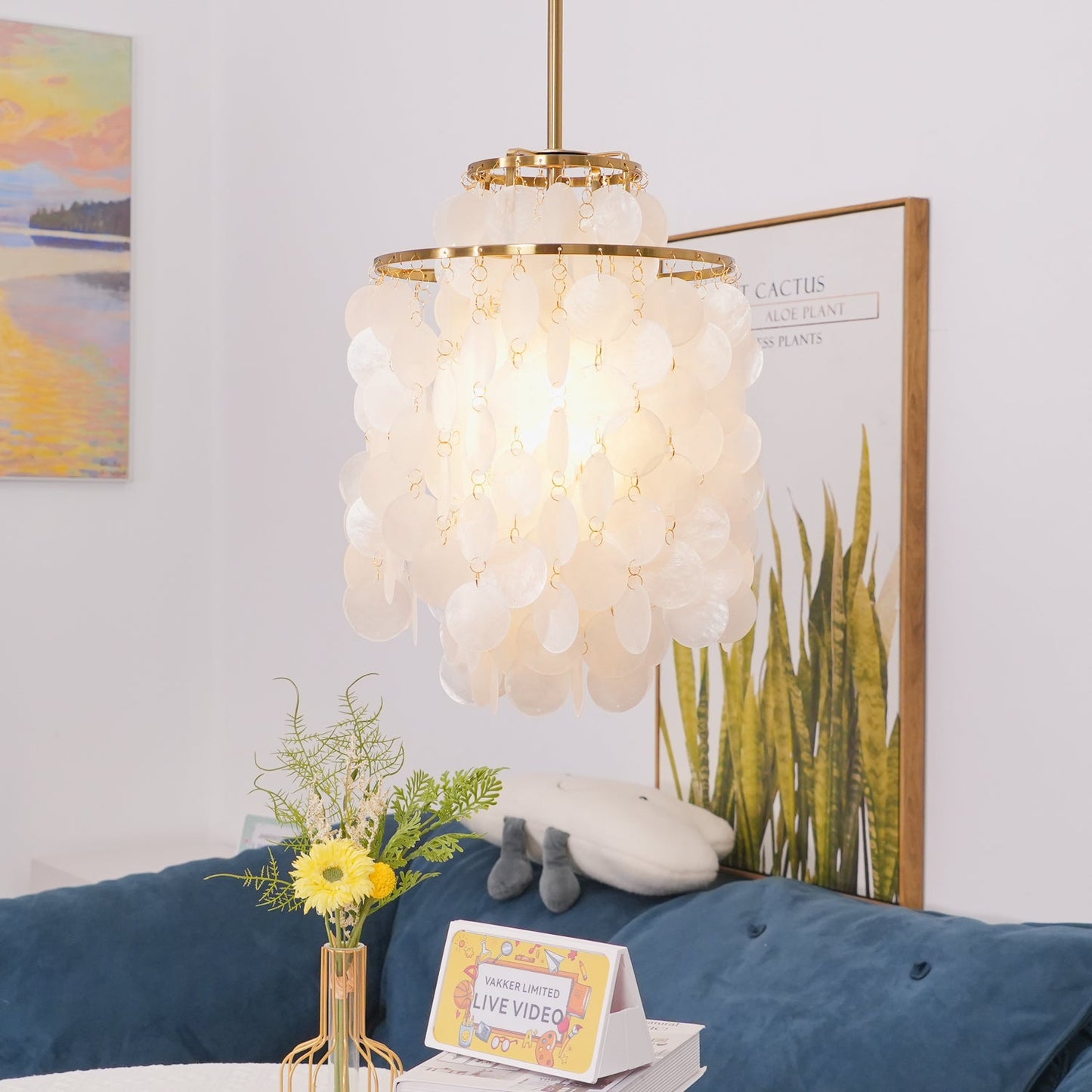Elegant Round Shell Chandelier with Adjustable Height & Soft Lighting