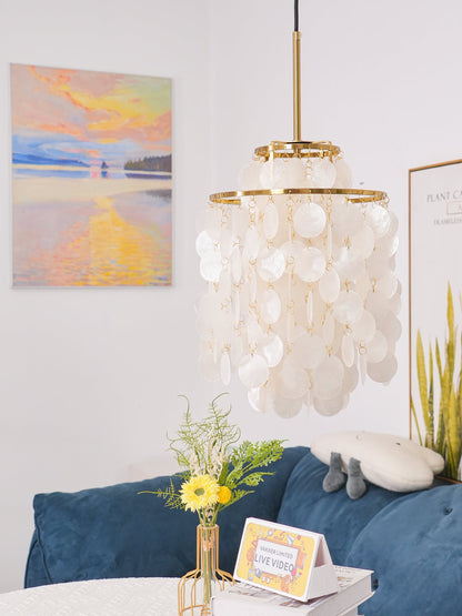 Elegant Round Shell Chandelier with Adjustable Height & Soft Lighting