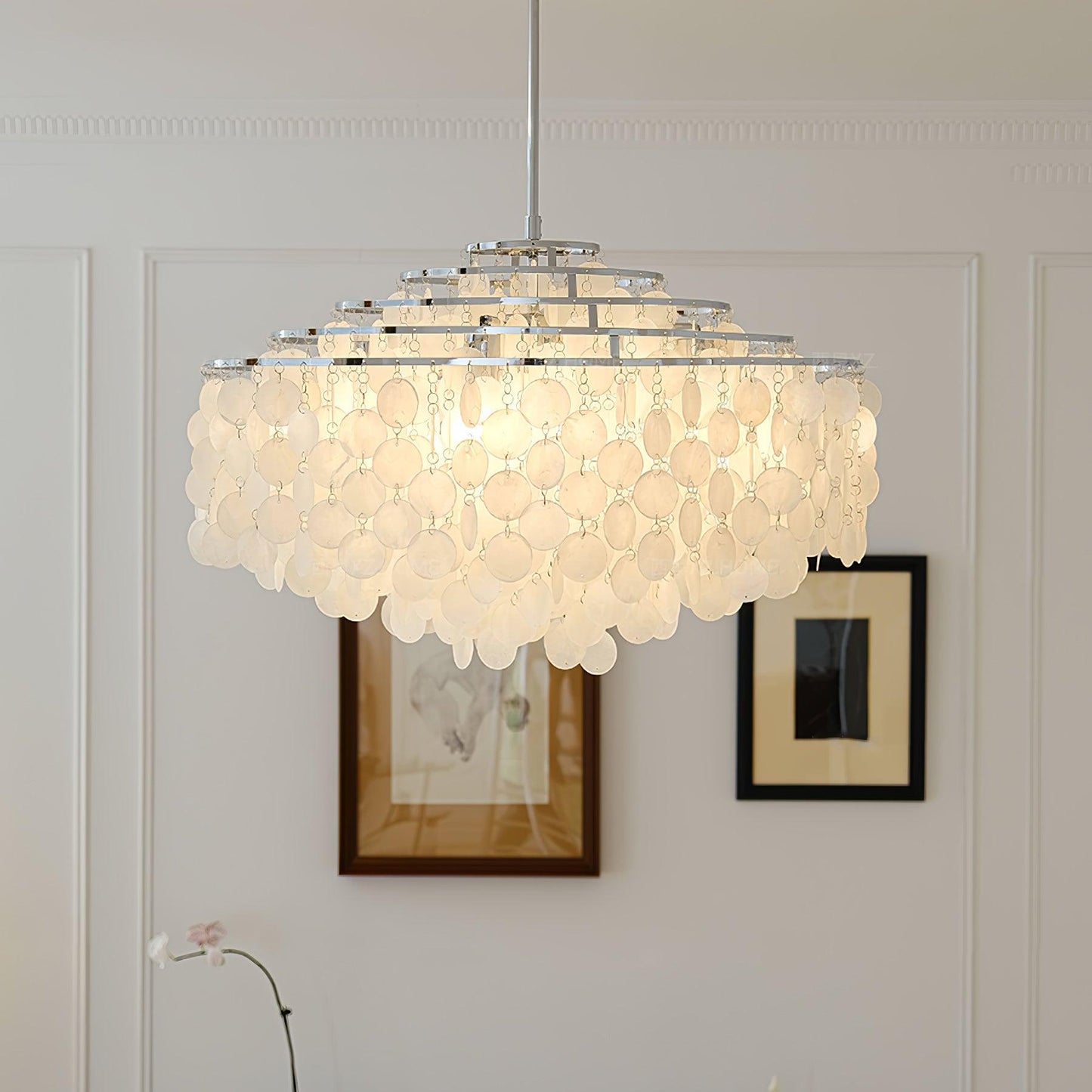 Elegant Round Shell Chandelier with Adjustable Height and Soft Illumin