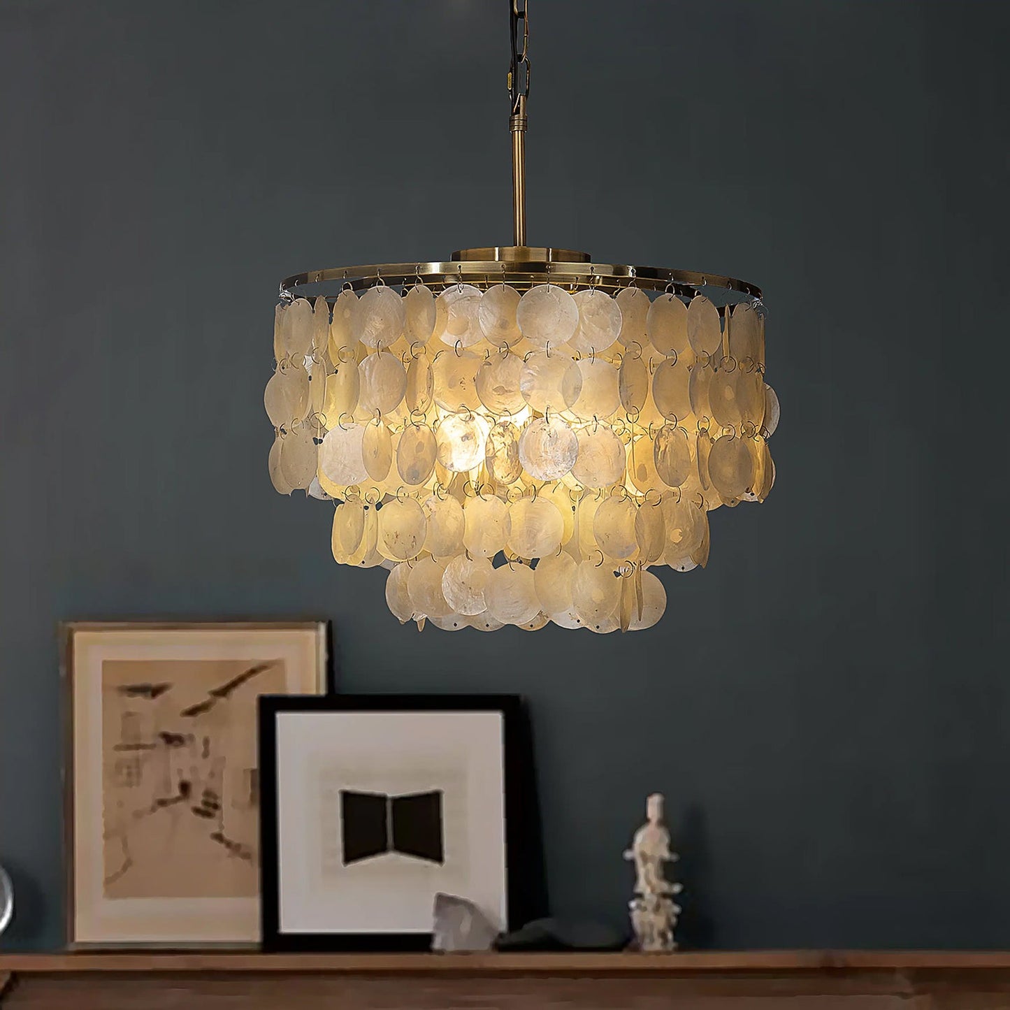Elegant Round Shell Chandelier with Adjustable Height & Soft Lighting