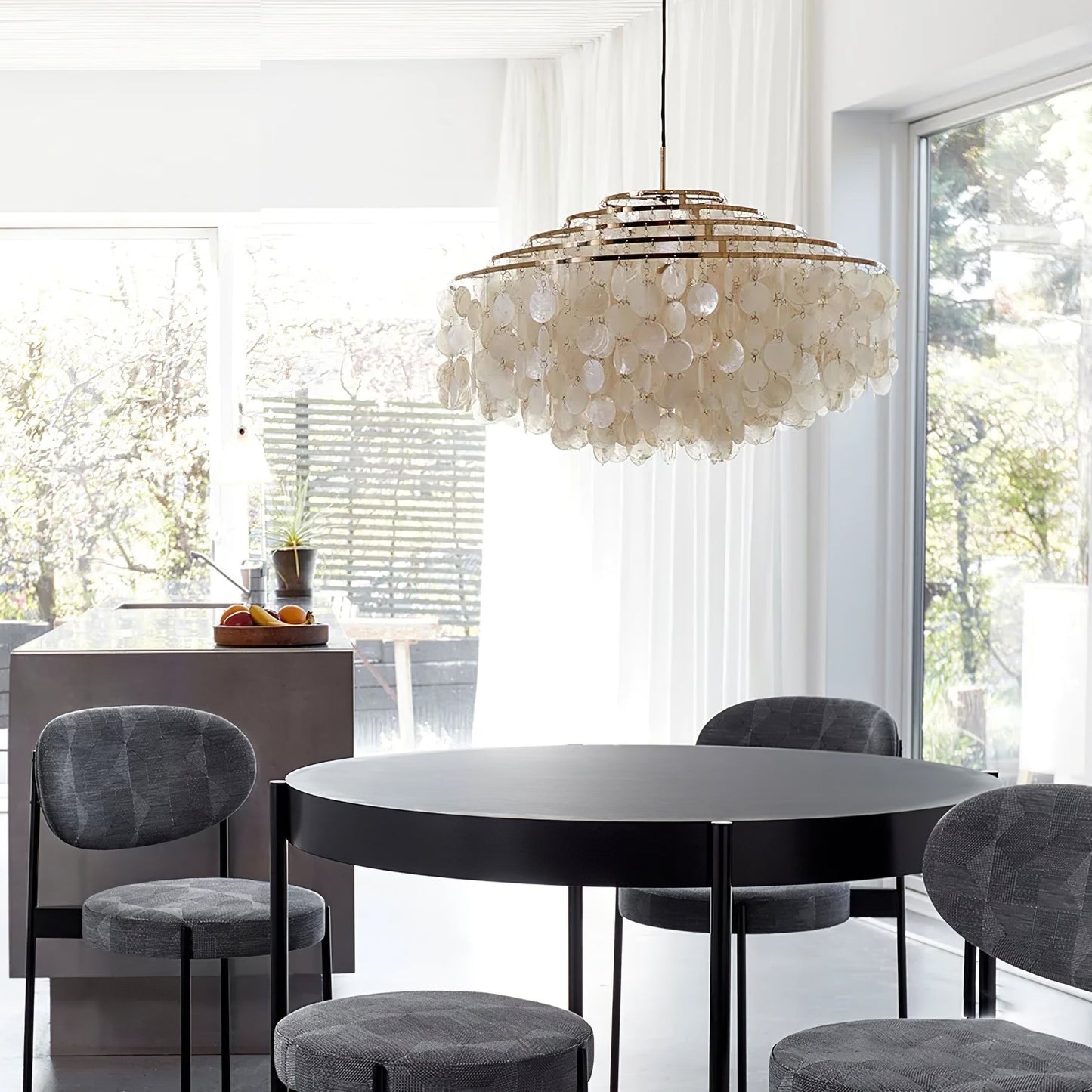 Elegant Round Shell Chandelier with Adjustable Height & Soft Lighting