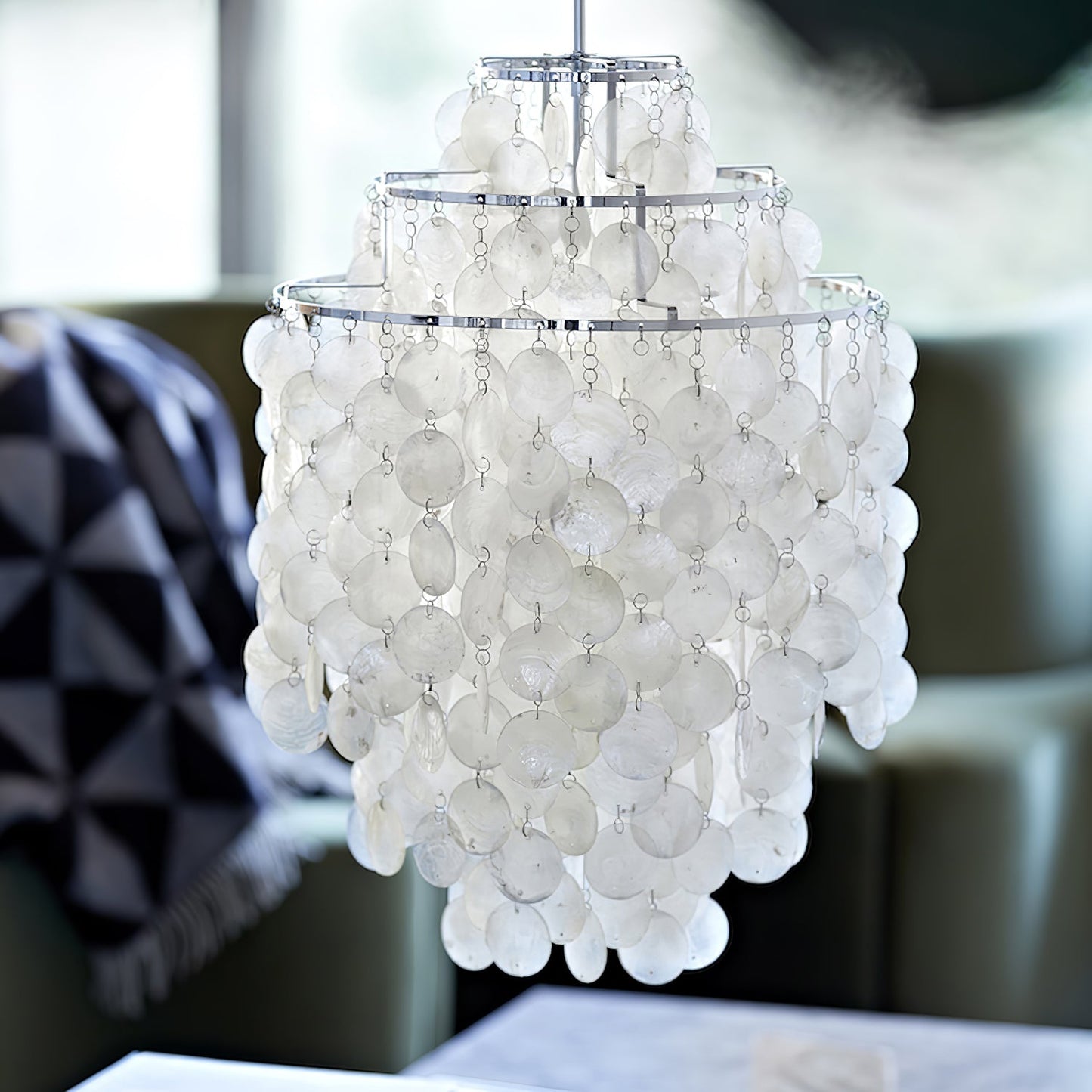 Elegant Round Shell Chandelier with Adjustable Height & Soft Lighting