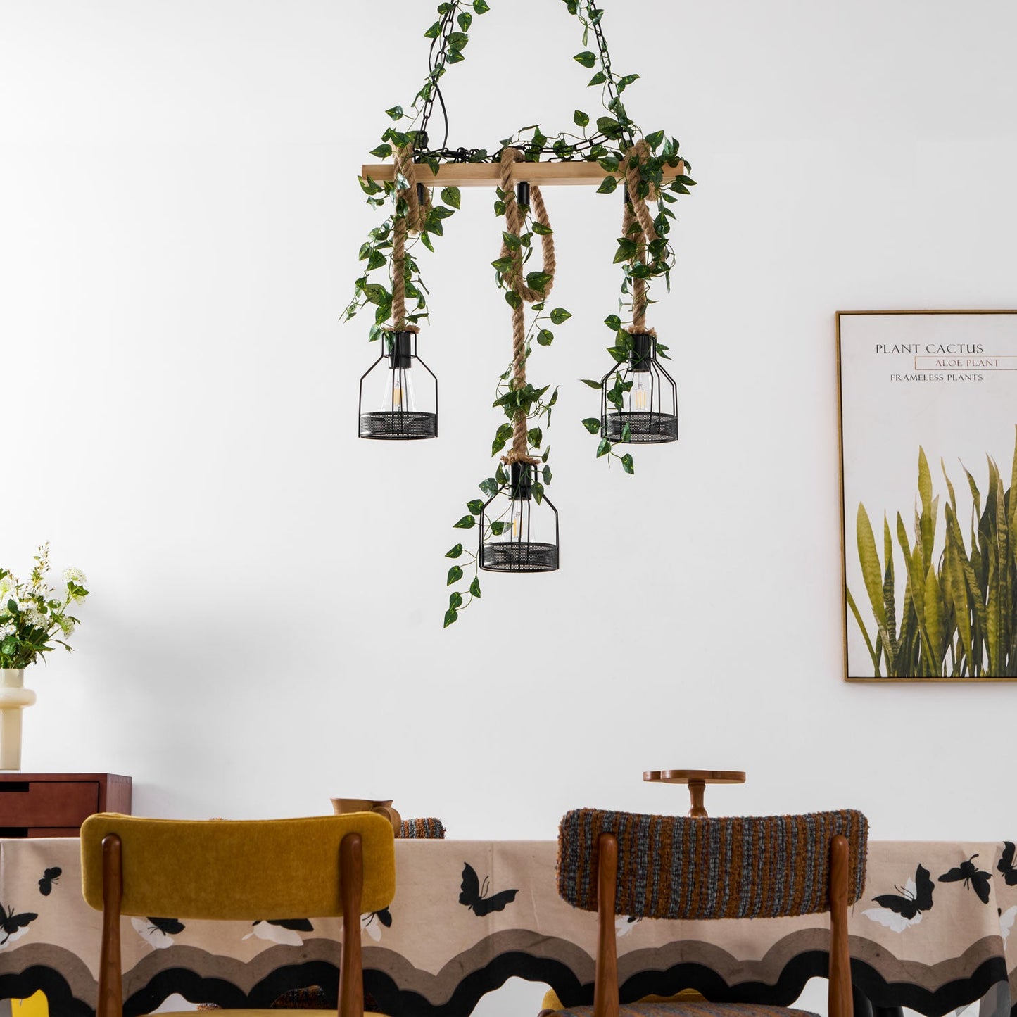Rustic Wooden Chandelier with Adjustable Height and Energy-Efficient L