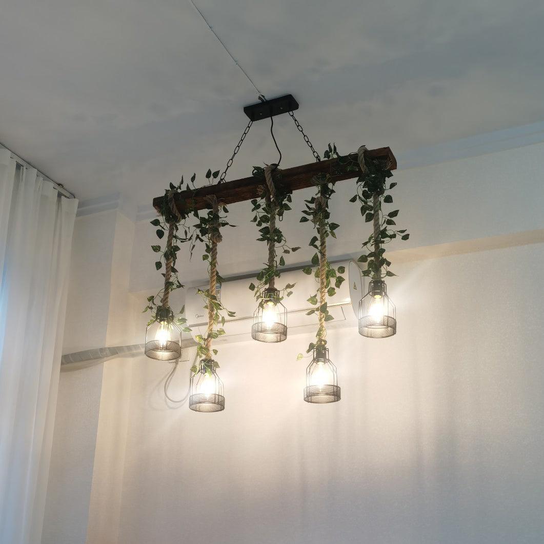Rustic Wooden Chandelier with Adjustable Height and Energy-Efficient L