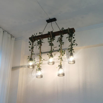 Rustic Wooden Chandelier with Adjustable Height and Energy-Efficient L