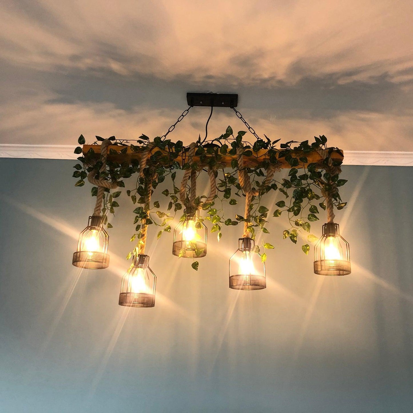 Rustic Wooden Chandelier with Adjustable Height and Energy-Efficient L