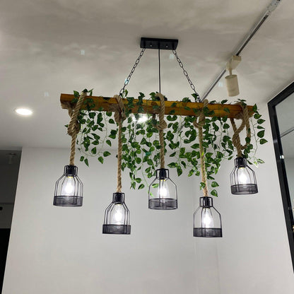 Rustic Wooden Chandelier with Adjustable Height and Energy-Efficient L
