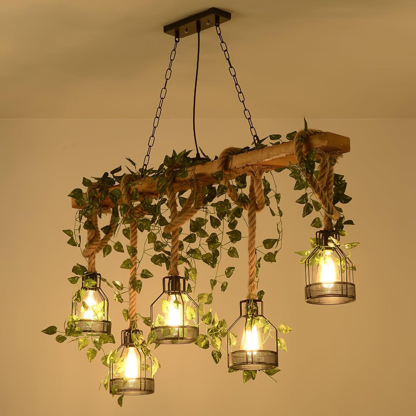 Rustic Wooden Chandelier with Adjustable Height and Energy-Efficient L