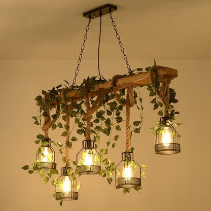 Rustic Wooden Chandelier with Adjustable Height and Energy-Efficient L