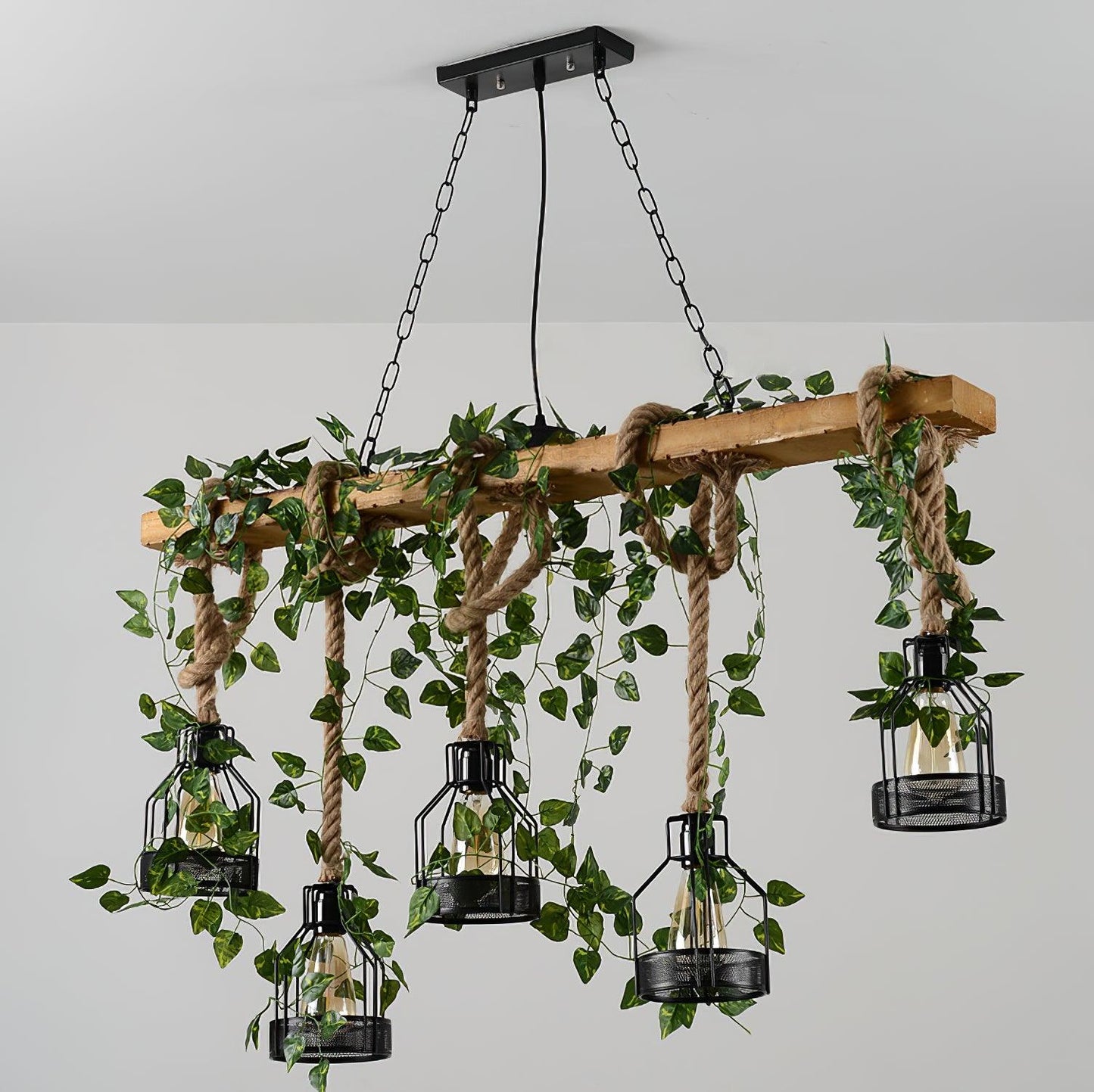 Rustic Wooden Chandelier with Adjustable Height and Energy-Efficient L