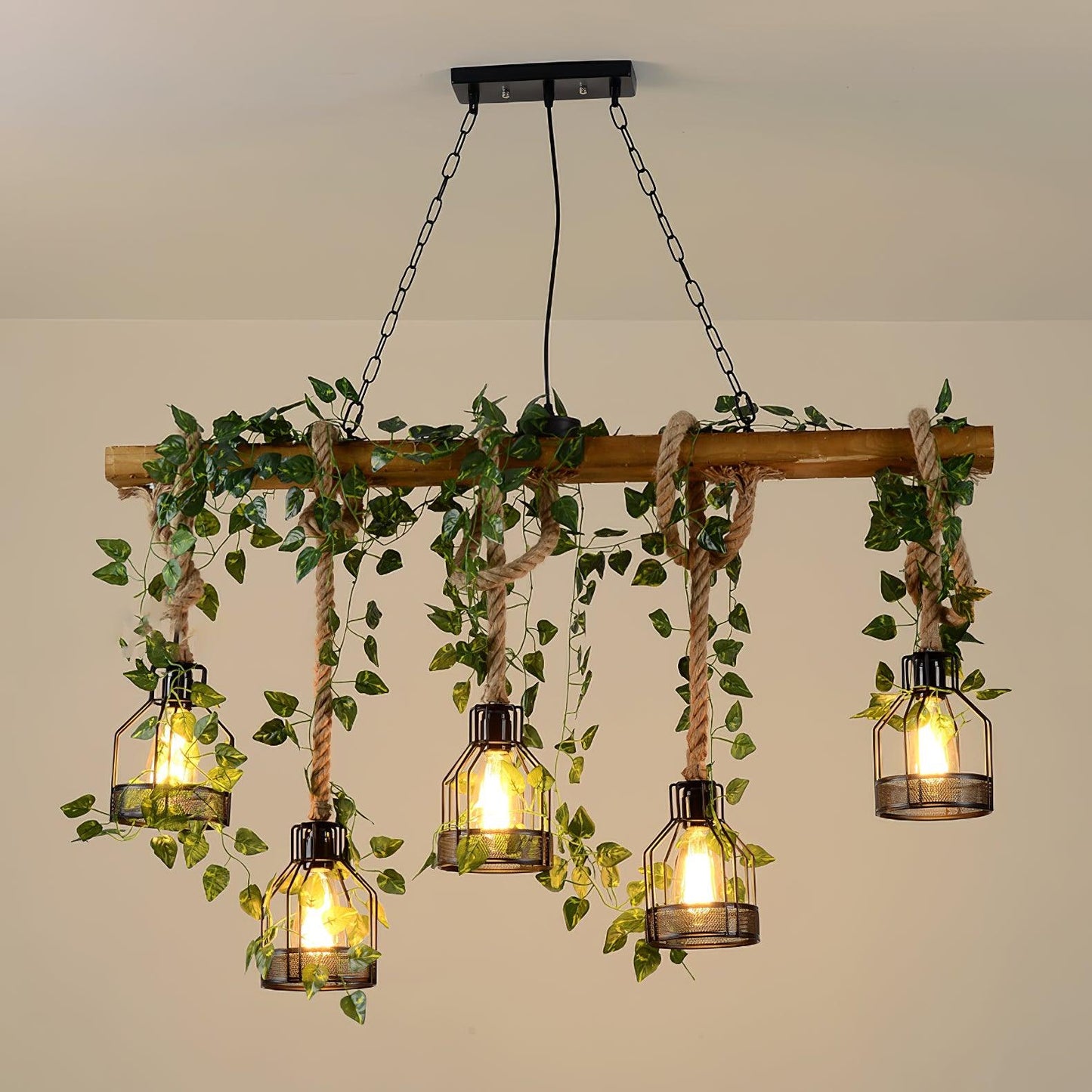 Rustic Wooden Chandelier with Adjustable Height and Energy-Efficient L