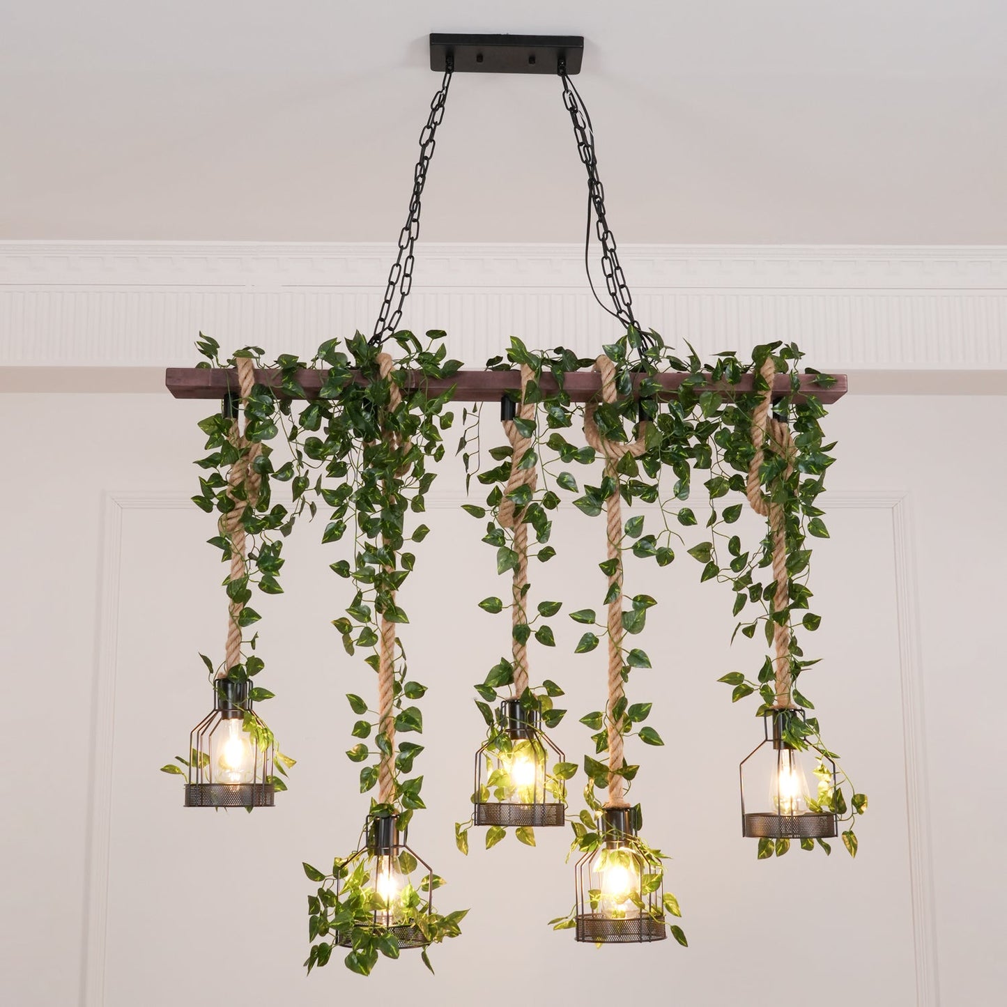 Rustic Wooden Chandelier with Adjustable Height and Energy-Efficient L