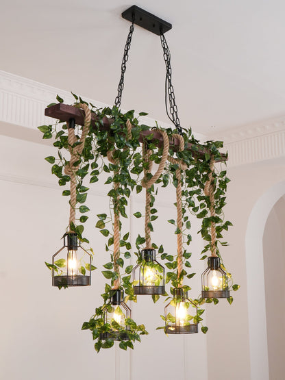 Rustic Wooden Chandelier with Adjustable Height and Energy-Efficient L