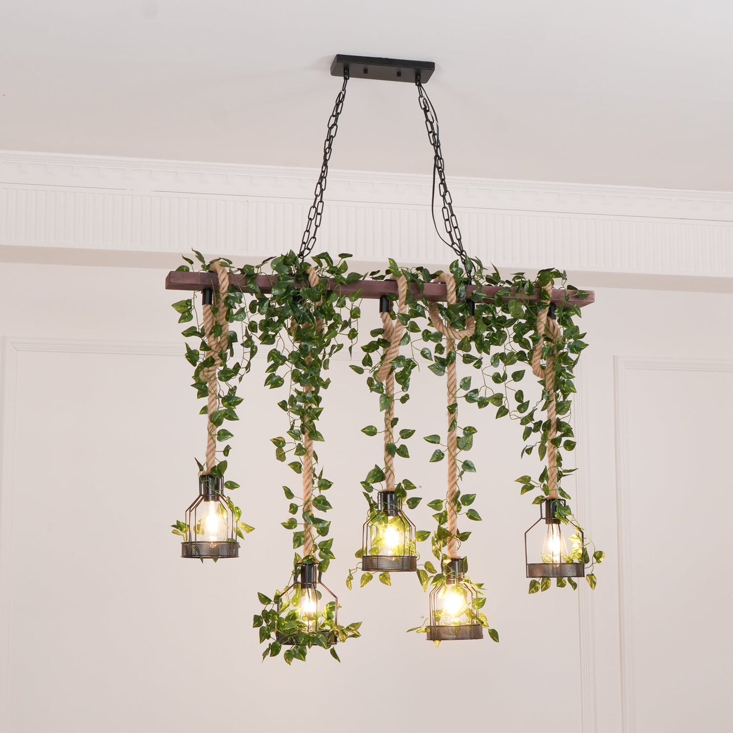 Rustic Wooden Chandelier with Adjustable Height and Energy-Efficient L
