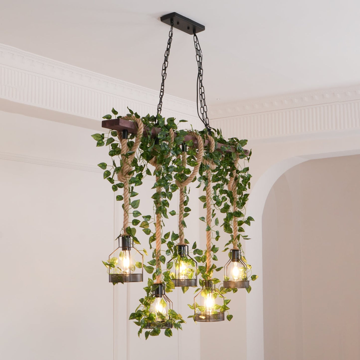 Rustic Wooden Chandelier with Adjustable Height and Energy-Efficient L