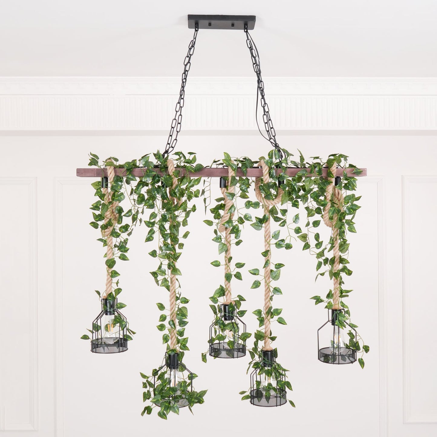 Rustic Wooden Chandelier with Adjustable Height and Energy-Efficient L