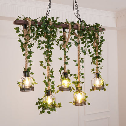 Rustic Wooden Chandelier with Adjustable Height and Energy-Efficient L