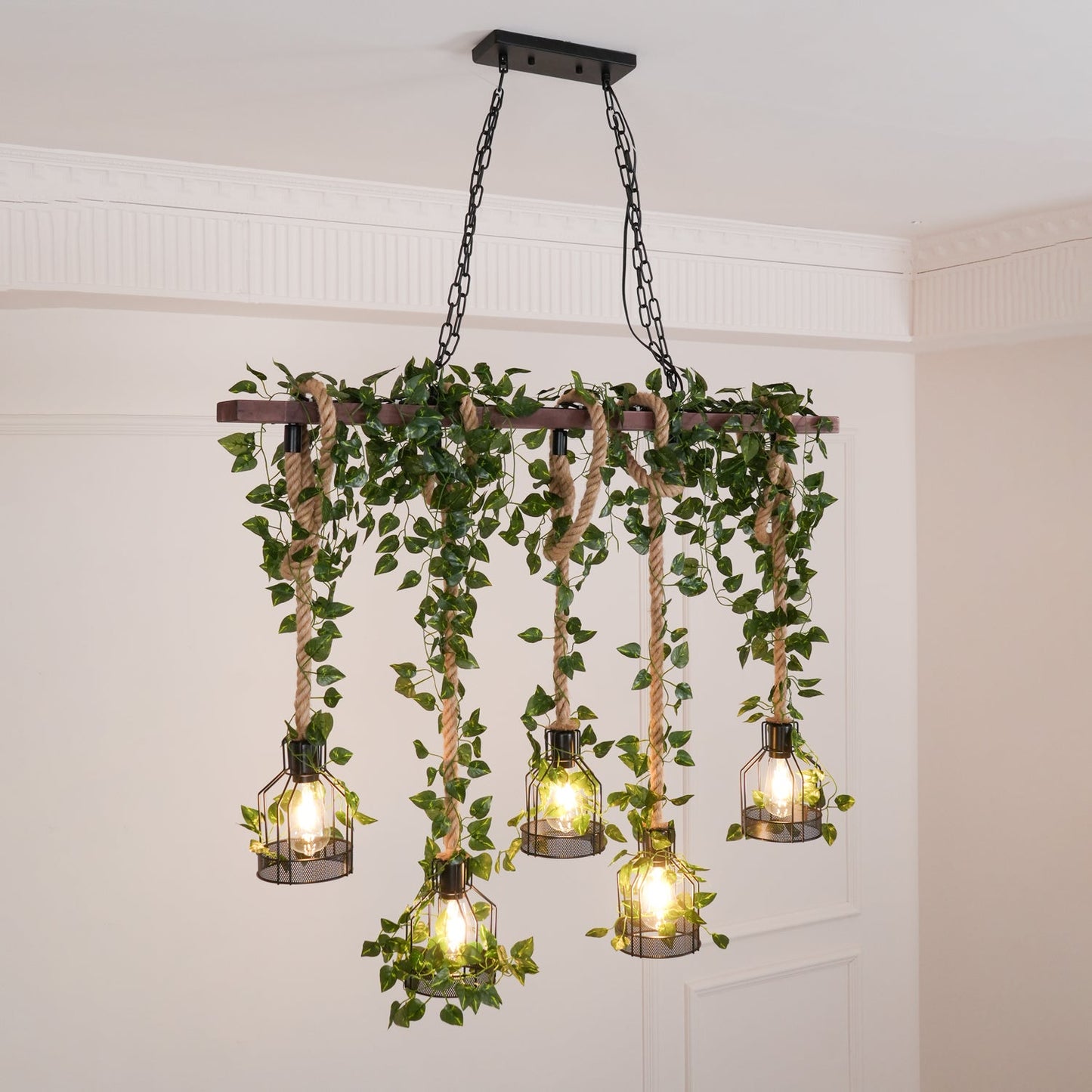 Rustic Wooden Chandelier with Adjustable Height and Energy-Efficient L